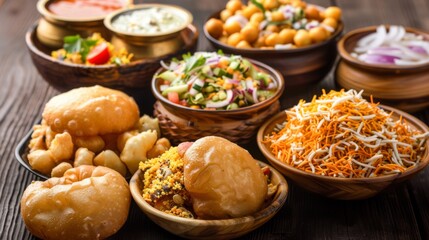 Assorted Indian street food including pani puri, bhel puri, and sev puri