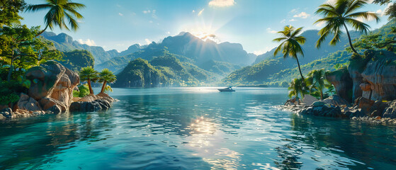Wall Mural - Majestic Lake Surrounded by Mountains and Tropical Forest, Stunning Scenery in a Tranquil Asian Landscape