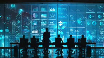 Fototapete - Business meeting in progress with a large screen displaying company data