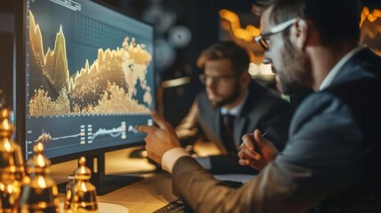 Leinwandbilder - Business meeting with team members analyzing gold market graphs on a large monitor