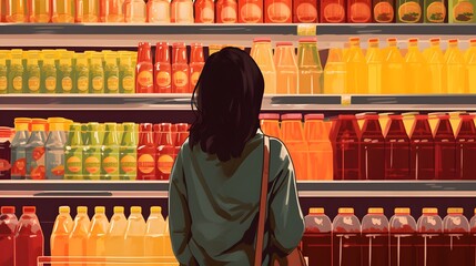 Wall Mural - Woman stands in front of supermarket shelves with colorful products. Generative AI.