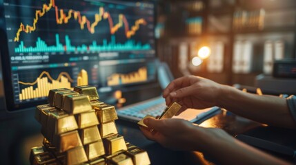 Poster - Businessperson reviewing gold price charts and graphs in a well-lit office space