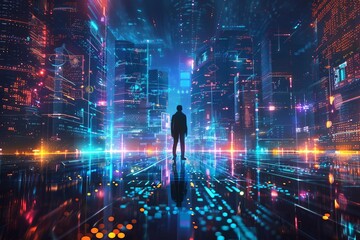 futuristic technology finance business digital data visualization glowing neon people modern abstract cyberspace innovation virtual reality 3d illustration 