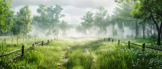Wall Mural - Misty Morning Meadow, Sunlight Breaking Through Fog, Tranquil Countryside Landscape at Sunrise