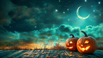 Canvas Print - Spooky Halloween pumpkins on wooden planks in the moonlight