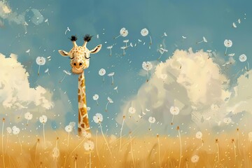 giraffe dandelions animals nature playful whimsical childlike imagination joy tall long neck puffs seeds field meadow illustration digital painting 