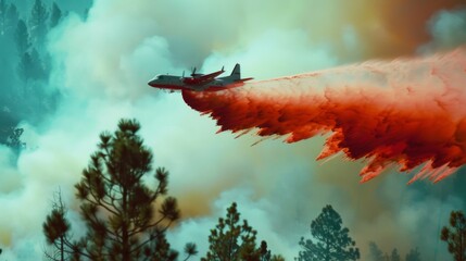 Leinwandbilder - Close-up of fire retardant being dropped from an aircraft to suppress a forest fire