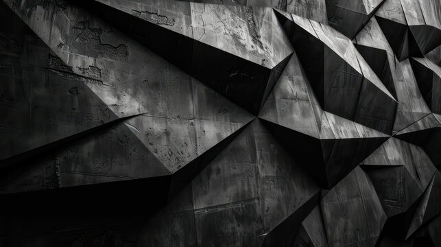 Monochrome image featuring an abstract geometric pattern with dynamic angular shapes and a dark textured surface
