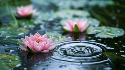 Aufkleber - Close-up of raindrops creating ripples on the surface of a pond surrounded by lotus flowers