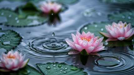 Aufkleber - Close-up of raindrops creating ripples on the surface of a pond surrounded by lotus flowers