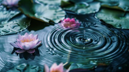 Aufkleber - Close-up of raindrops creating ripples on the surface of a pond surrounded by lotus flowers