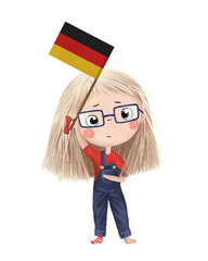 Wall Mural - Funny cute girl with flag of Germany. Bright clip art isolated