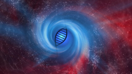 Poster - artistic spiral dna chain in foggy red and blue cyberspace illustration background.
