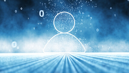 Artistic digital person icon on binary glowing blue cyberspace background. Concept communication illustration, background.	