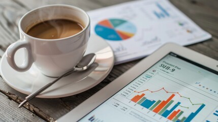 Fototapete - Digital tablet showing financial graphs, with a cup of coffee and notepad on the table