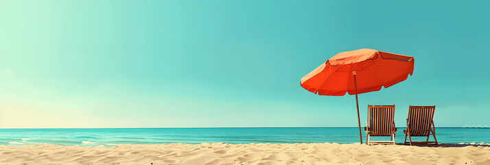 Wall Mural - Beach umbrella with two chairs on the sand. summer travel vacation background with copy space. 