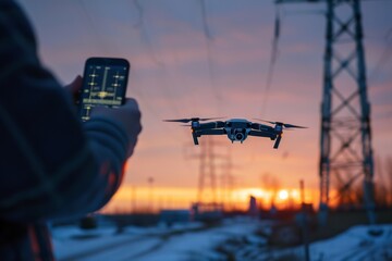 A person flying a drone near power lines at dusk, capturing the industrial landscape with a controller