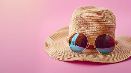 Wall Mural - summer accessories concept from sunglasses straw hat on pastel pink background