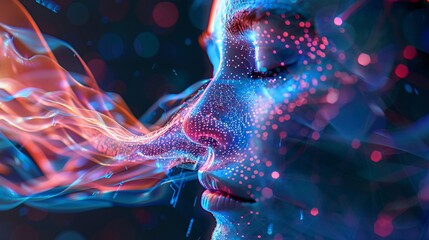 close-up of womans nose with futuristic digital elements and glowing particles