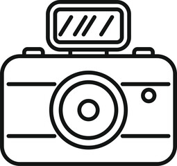 Poster - Black and white line drawing of a retro camera with a flash, perfect for icons or logos