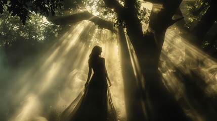 Wall Mural - Ethereal Goddess in Enchanted Forest with Sunlight Rays Filtering Through Fog - Mythical Concept for Posters and Prints