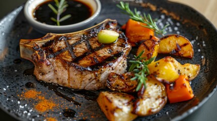Wall Mural - Grilled pork chop with a side of apple sauce and roasted vegetables