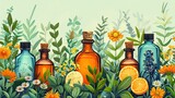 Fototapeta  - Vintage floral background with bottles of essential oils