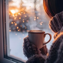 Poster - Cozy Winter Moment with Steaming Mug of Coffee by Snowy Window