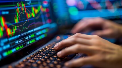Aufkleber - Hands of a trader typing on a keyboard with financial graphs on the screen