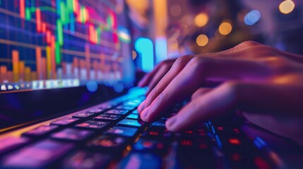 Aufkleber - Hands of a trader typing on a keyboard with financial graphs on the screen