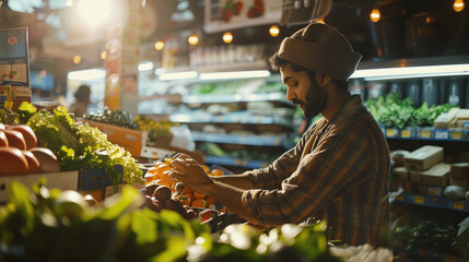 indian man standing in organic grocery store