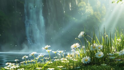 Wall Mural - A fantasy landscape of daisies and grass in front of a waterfall