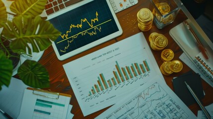 Aufkleber - High-angle view of a desk with various financial documents and gold price charts