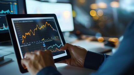 Poster - Investor holding a tablet with gold price graphs while sitting in a modern office
