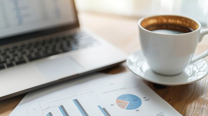 Aufkleber - Laptop on a desk with business charts and a cup of coffee