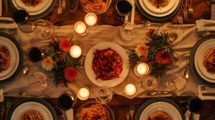 Overhead shot of a beautifully set table with spaghetti dishes, wine, and candles