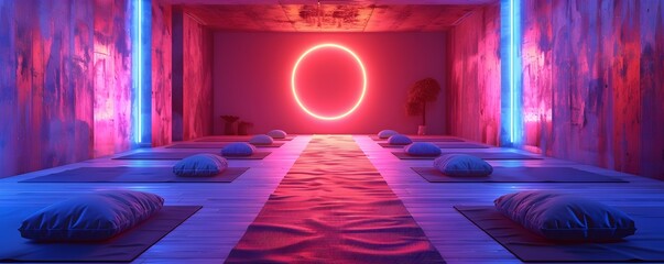 Wall Mural - neon infused yoga studio for wellness and health products concept with copyspace
