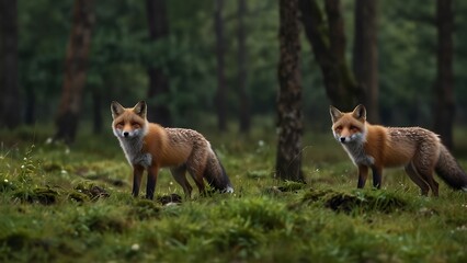 Sticker - Twin Foxes in Autumn Leaves Captivating Portrait