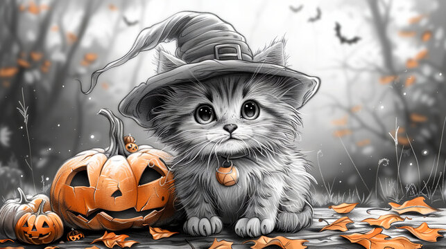 black and white illustration, a cat with a witch's hat sits by a pumpkin, halloween
