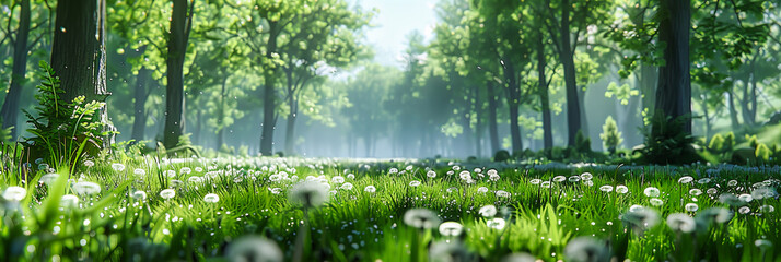 Wall Mural - Sunlit Meadow with Spring Flowers, Lush Green Trees and Bright Sunlight Streaming Through Foliage