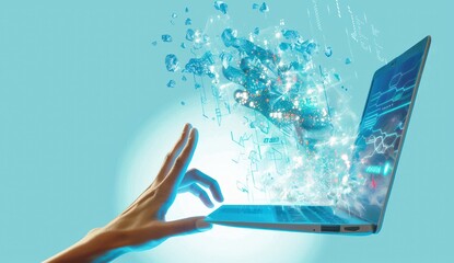 A hand touching the screen of an open laptop