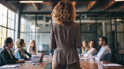 professional man leading a team meeting, standing at the head of a table with a confident presence, 