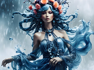 Wall Mural - Ethereal watery Water elemental sprite, wearing a wreath of flowers.