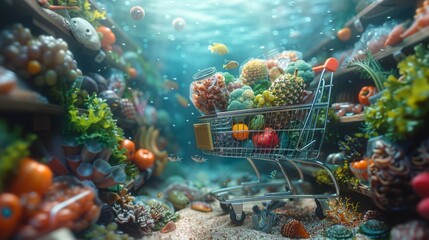 Sticker - A dynamic scene portrayed in a 3D illustration, featuring a shopping cart laden with bags of fresh groceries, including organic