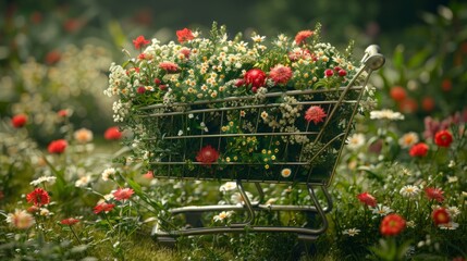 Canvas Print - An immersive concept art depicting a shopping cart overflowing with an array of fresh groceries, from vibrant fruits to aromatic