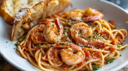 Wall Mural - Spaghetti with shrimp and a spicy tomato sauce, served with a side of garlic bread