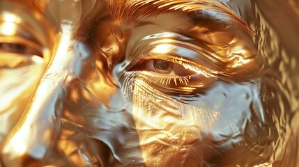 3D rendering. Golden sculpture of a human face.