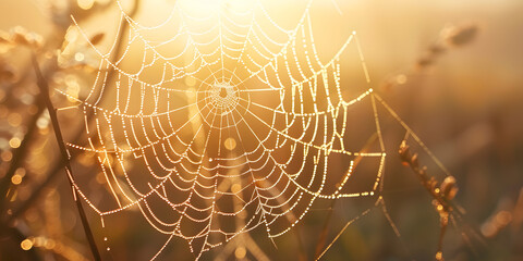 Dew-covered spider web in morning light, intricate and natural, perfect for photography accessories or nature-inspired jewelry