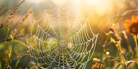 Dew-covered spider web in morning light, intricate and natural, perfect for photography accessories or nature-inspired jewelry