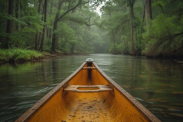 A rustic canoe expedition through a pristine wilderness, with dense forest on either side of the narrow waterway